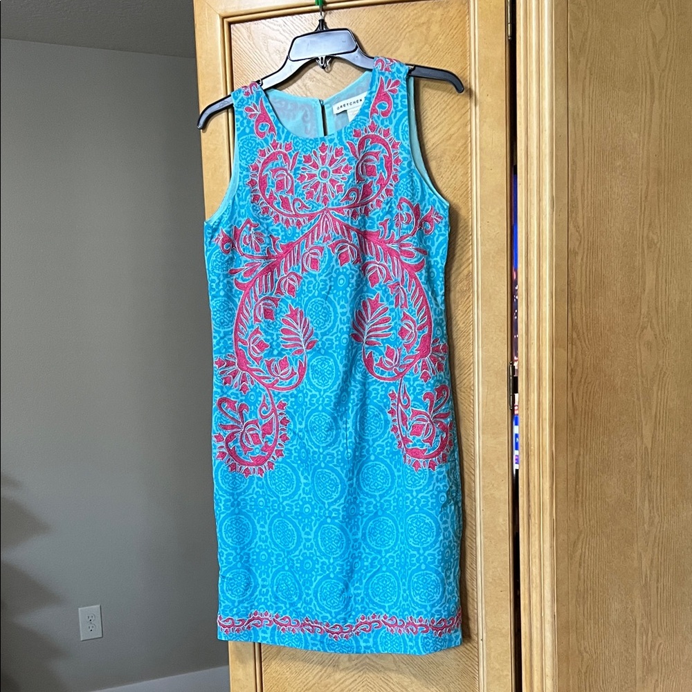 Gretchen Scott Designs Turquoise and Coral Mini Dress